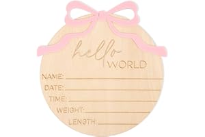 WAUAO Hello World Bow Wooden Baby Announcement Sign - Baby Girl Birth Announcement,Personalized Baby Name Sign,Bow Birth Stats Sign Newborn Photo Prop,Welcome To The World Sign