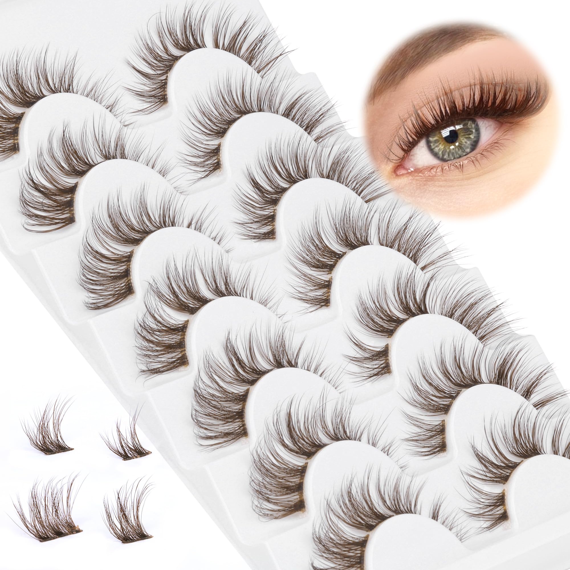 GVEFETIEE 7 Pairs Brown Natural Lash Clusters - DIY Individual Fluffy Wispy Lashes - False Eyelashes Extensions