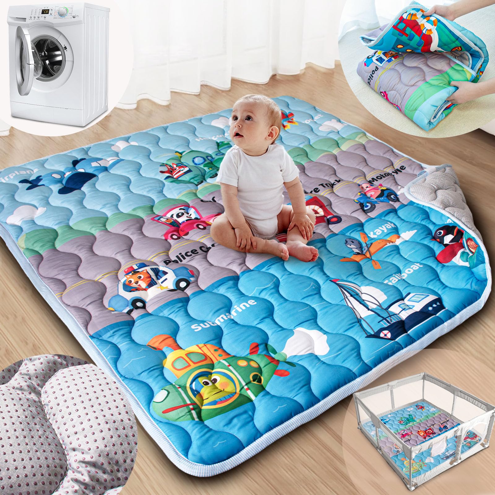 Photo 1 of Beavtaens Baby Play Mat, 50x50 Playpen Mat with Super Soft Touch, Activity Mat with Upgraded Anti-Slip Bottom, Machine Washable Crawling Mat for Floor & Picnic (Vehicles)