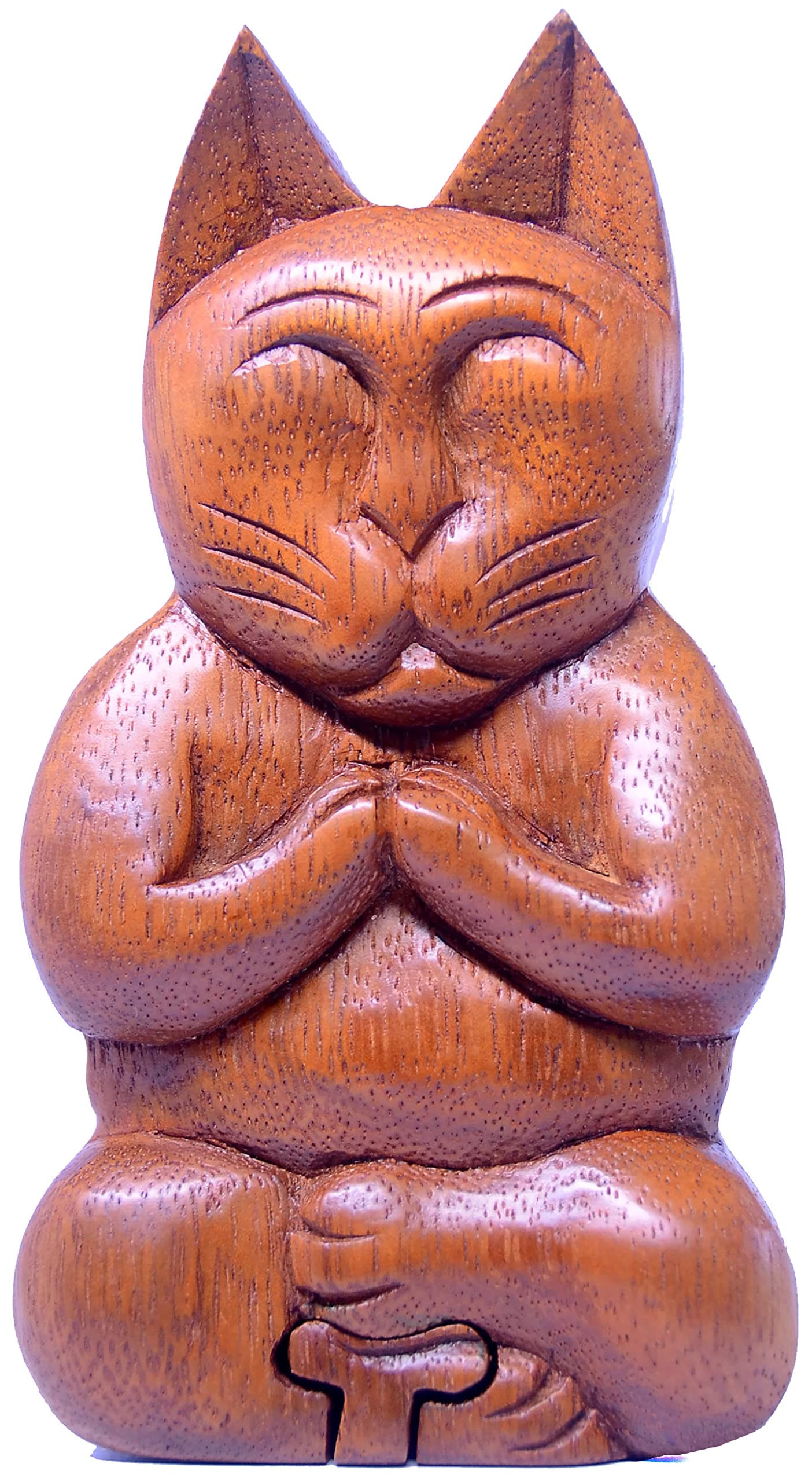 Brave Wings Hand Carved Wooden Small Storage Box ~ Meditating Cat ~ OOAK Ornament Sculpture Figurine Statue Unique Table Decoration Home Decor Gift for Christmas and Birthdays ~ 4051