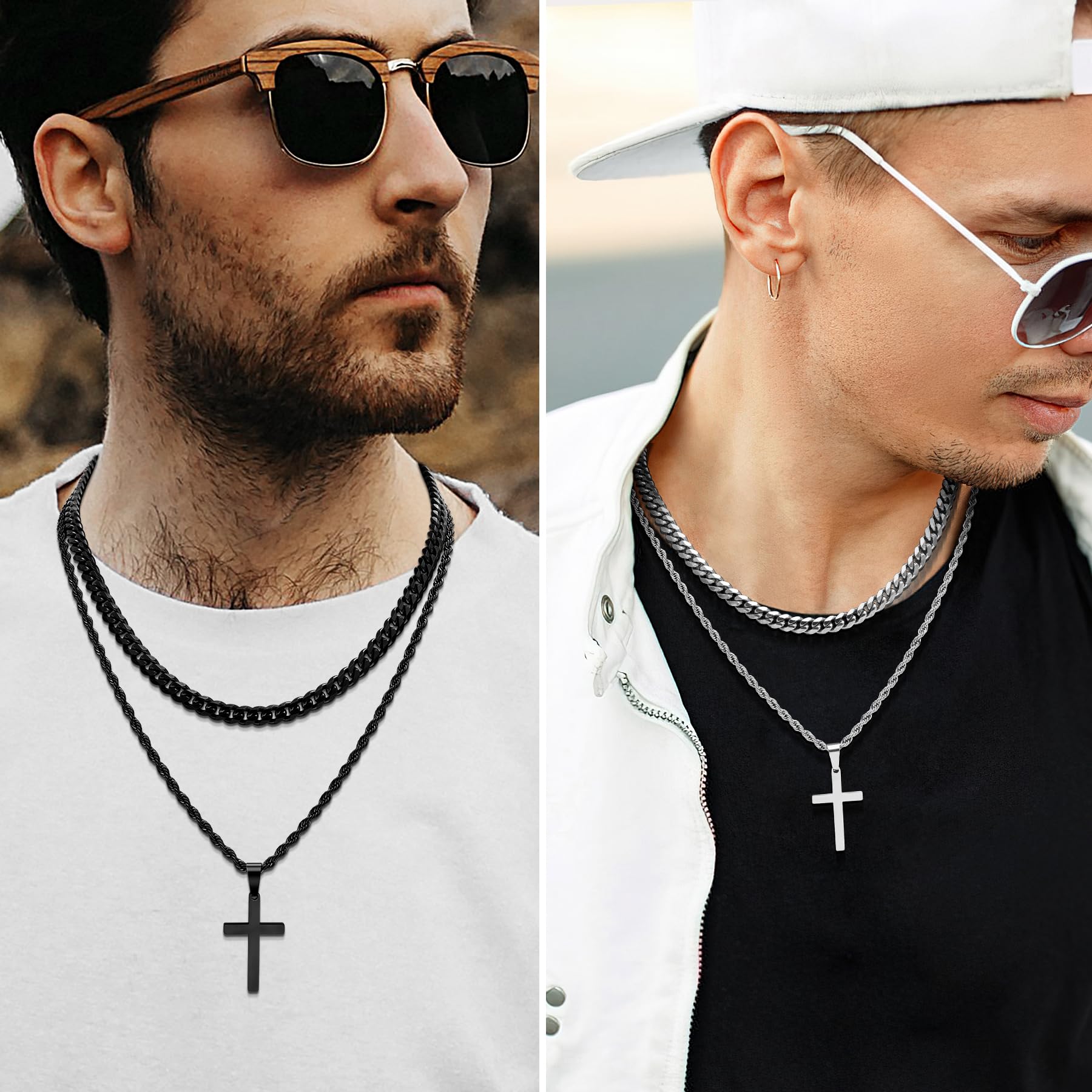 Romass 4Pcs Cross Necklace for Men,Stainless Steel Chains for Men Layered Necklaces Silver Gold Black Pendant Jewelry Box Gifts 18-24 Inches