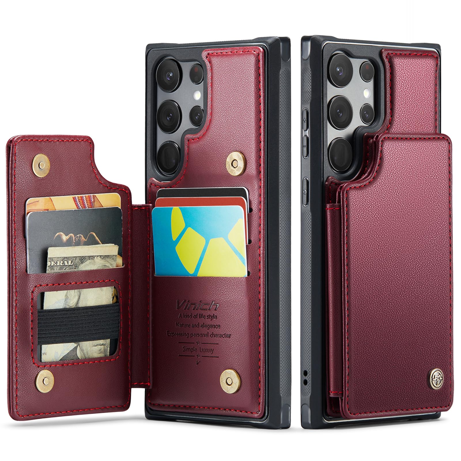 Photo 1 of Vinich for Samsung Galaxy S23 Ultra Wallet Case with Card Holder, RFID Blocking Credit Slots Kickstand Shockproof Phone Cover for Women Men, Wine Red