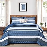King Size Quilt Set Blue Striped 3 Piece Summer Patchwork Bedspreads Coverlet, Blue and White Lightweight Bedding Set with 2 Pillow Shams, Soft Microfiber Comforter Set for All Seasons, 110" × 90"