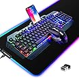 Wireless Gaming Keyboard and Mouse Combo,3 in 1 Rainbow LED Rechargeable Keyboard Mouse with 3800mAh Battery Metal Panel,10 Colors RGB Gaming Mouse Pad (32.5x12x0.15 inch),7 Colors Mute Gaming Mouse