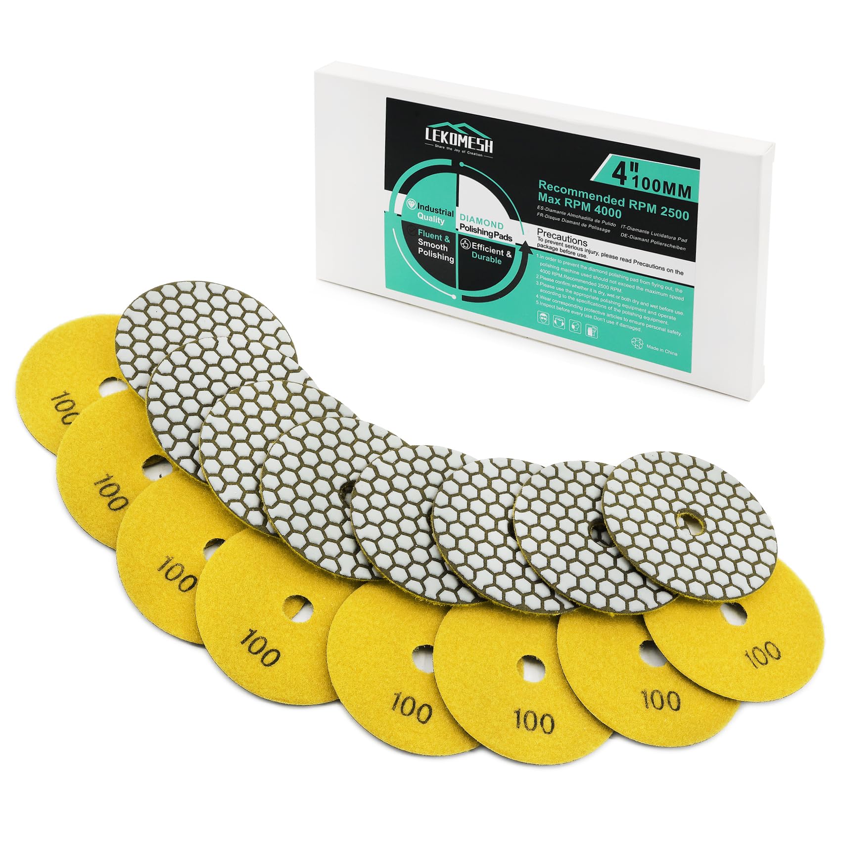 LEKOMESH Diamond Dry Polishing Pad - 8pcs 4 Inch(100MM) #100 Dry Polishing Wheel Set for Granite, Marble, Artificial Stone, Quartz