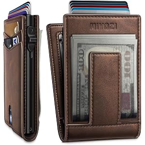 miyozi Wallet for Men, Pop Up Card Holder with RFID Blocking, Minimalist Slim Bifold Wallet with 9 Card Slots, 2 ID Window an