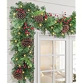 LAVEVE Pre-lit Christmas Garland 9FT with 100 Warm Lights, Battery Operated Xmas Garland with Pine Cedar Cones & Gradient Red Berries, Christmas Decoration for Mantle Fireplace Stair Railing Porch