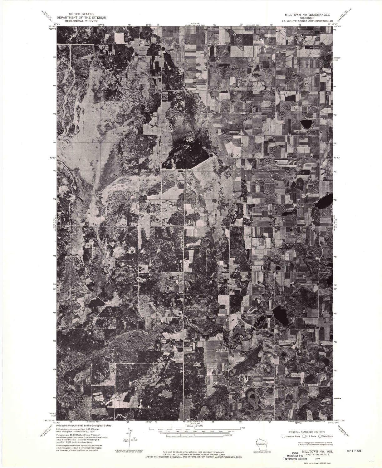 YellowMaps Milltown NW WI topo map, 1:24000 Scale, 7.5 X 7.5 Minute, Historical, 1974, Updated 1976, 27.06 x 22.18 in