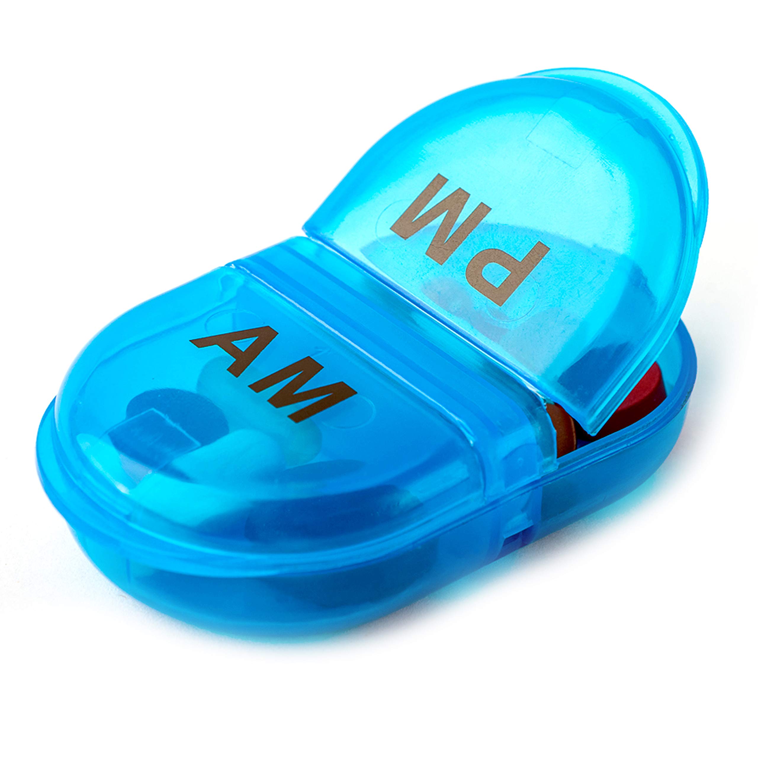 Photo 1 of Deke Home - Pill Organizer AM PM, 2 Compartment Pill Box for Pocket or Purse, Small Daily Medicine Case, Travel Pill Holder, Easy Open Pill Container, Vitamins & Supplements (Blue, Pack of 1)