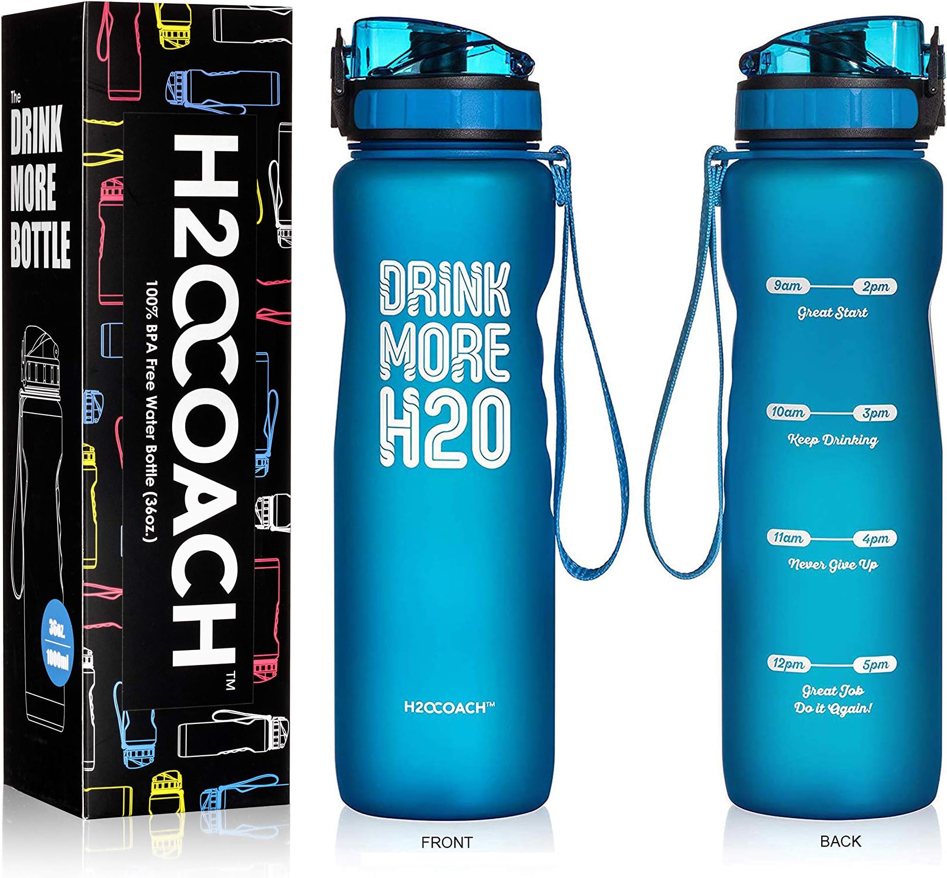 H2OCOACH Sports Water Bottle with Time Marker | Motivational 36 oz, Drink More, Reusable with Fruit Infuser Filter (1 Liter)
