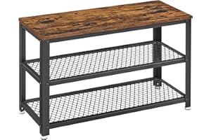 VASAGLE 3-Tier Shoe Rack, Shelf Storage Bench with Metal Mesh Shelves and Seat, Free Standing Shoe Organizer for Entryway, 11.8 x 28.7 x 17.7 Inches, Rustic Brown and Black ULBS73X