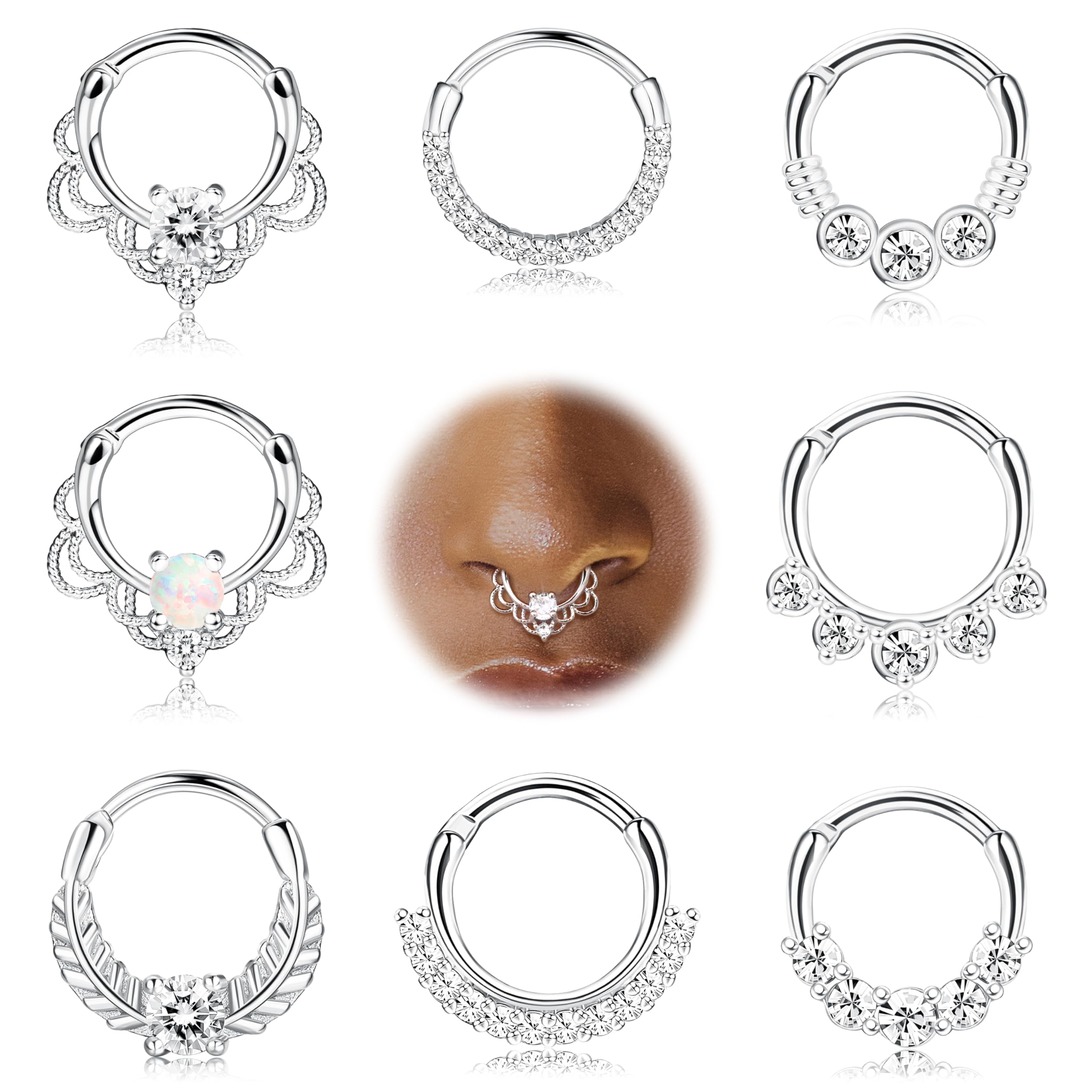 MILACOLATO 8PCS 16G Septum Clicker Ring Stainless Steel CZ Opal Cartilage Helix Tragus Hoop Daith Earrings Nose Rings Hoop Hinged Segment Clicker Ring Piercing Jewelry 10MM S