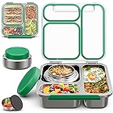 Stainless Steel Bento Box Kids Adult with 7oz Soup Thermo, Transparent Lid 3 Compartments Metal Bento Lunch Box with Insulated Food Jar,Lunch Box Container Sauce Cup for School,BPA-Free(Green)