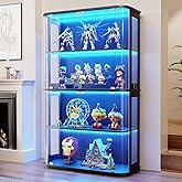 BROTTAR Large Rounded Display Cabinet with Glass Door &amp; Lights, Black | 4-Tier Curio Cabinet with 3 Color Lights for Collectibles, Glass Display Case with Transparent Full-Display Surface