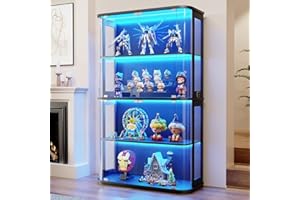 BROTTAR Large Rounded Display Cabinet with Glass Door, 4-Tier Curio Cabinet with 3 Color Lights for Collectibles, Glass Display Case with Transparent Full-Display Surface, Human Body Sensor, Black
