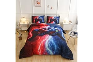 Meeting Story Gamer Gaming Bedding Sets Tie Dye Lightnings Gamepad Comforter Set for Boys Games Console Action Buttons Novelty Colorful Modern Room Decor Home Quilt Set (Twin, Red-Blue)