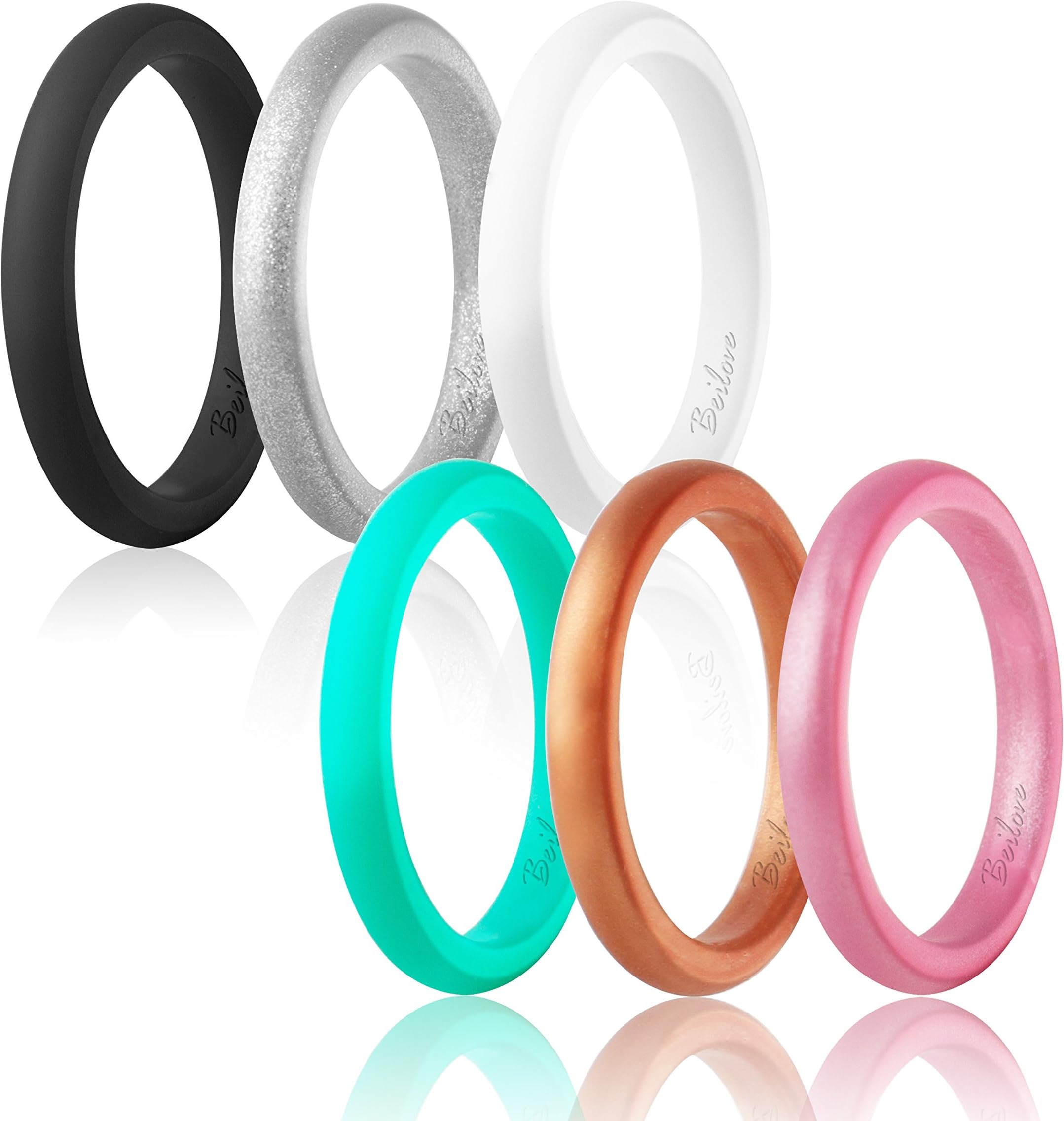 beilove Thin and Stackable Silicone Wedding Ring for Women,Singles,4 & 6 Packs,Black,Turquoise,White,Gold