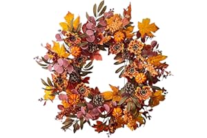 Effacera Fall Wreath for Front Door, Fall Decor, 21 Inch Autumn Wreath with Maple Leaf Pumpkin Pine Cone Berry, Fall Decorations for Thanksgiving Halloween Farmhouse Home Outdoor Indoor Window Wall