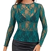 Enyprok Women's Mesh Top Long Sleeve Mock Neck Sheer Blouse See Through Floral Lace Tops