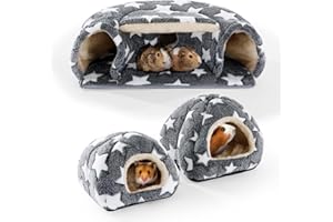 MABOZOO 3 Pack Guinea Pig House Accessories, 2 Cozy Guinea Pig Bed and Hideout Tunnel, Chinchillas Hideout for Hamster, Rabbit, Bunny, Chinchillas (Gray)