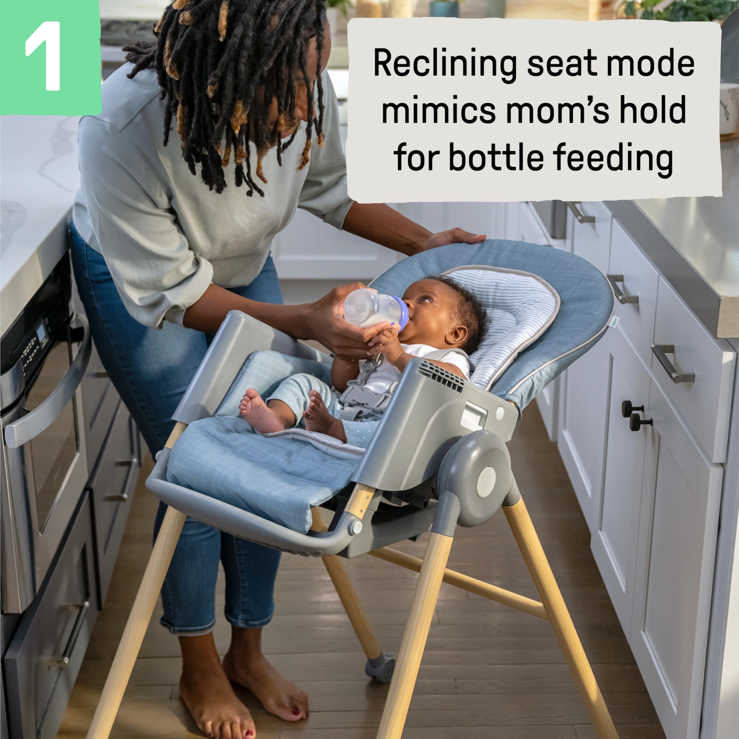 Ingenuity Proper Positioner Deluxe High Chair - 7-in-1 Convertible Baby Seat, Faux Wood Print Legs, Unisex, for Ages 0-36 Months