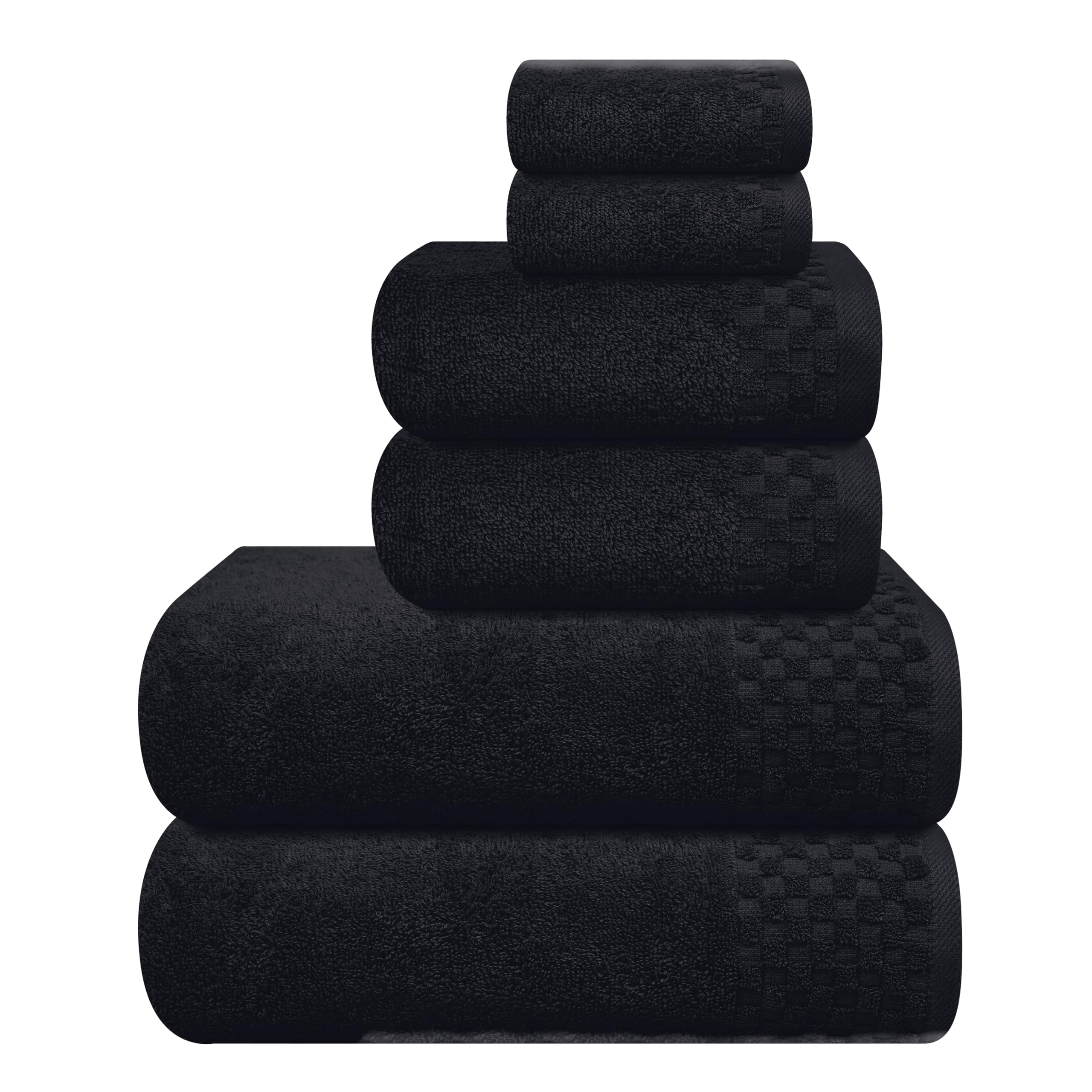 Photo 1 of MyOwn Premium Cotton 6 Pack Towel Set for Bathroom, Contains 2 Bath Towels 28x55 inch, 2 Hand Towels 16x24 inch & 2 Wash Coths 12x12 inch, Ideal Everyday use, Compact & Lightweight - Black