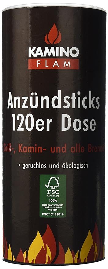 Kamino-Flam Anzündsticks - 120 Anzünder in handlichen Dose - Feuersticks brennen 5-6 Minuten - Anzündscheit für Grill / Kamin