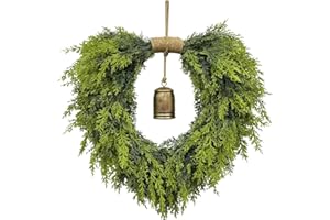 EVDBOBO 20" Heart-Shaped Wreath for Front Door – Faux Greenery with Rustic Bell – Waterproof & Fade-Resistant Christmas Decor for Porch, Holiday Wall or Indoor Use