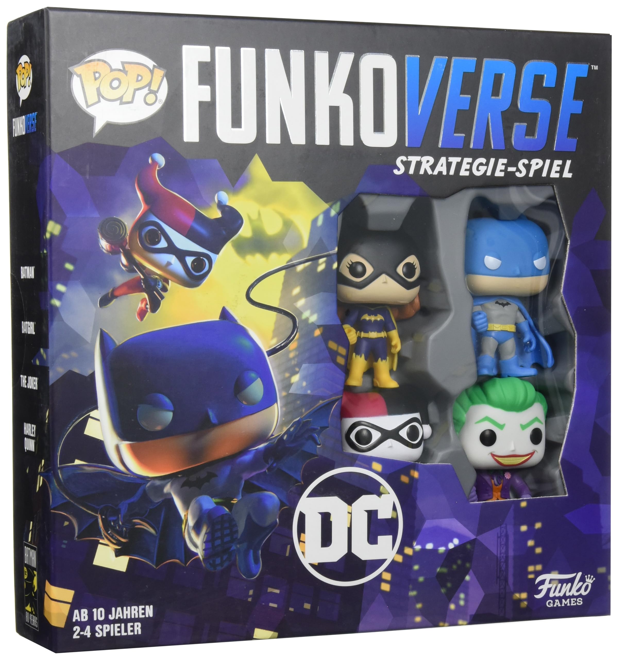 Funko Games DC Comics Funkoverse Board Game 4 Character Base Set - German Version - Batman, Batgirl, The Joker And Harley Quinn - 3'' (7.6 Cm) POP! - Light Strategy Board Game For Children & Adults