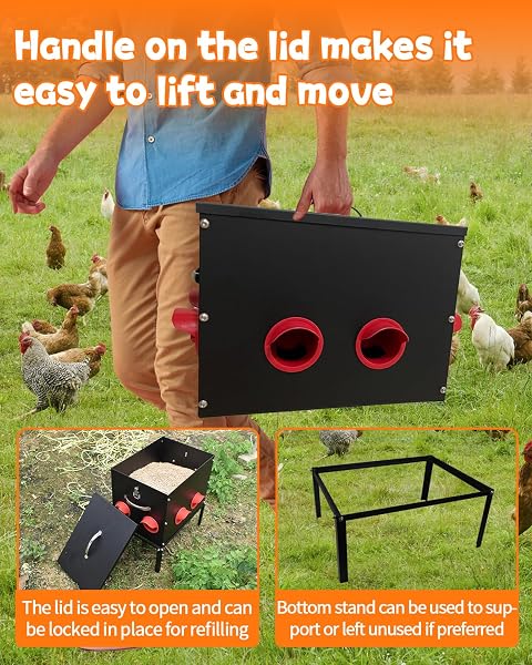 AUTOMATIC CHICKEN FEEDER –50 LBS 8 FEEDING PORTS,LARGE METAL CHICKEN FEEDERS – NO WASTE POULTRY FEEDER WITH LOCKING LID AND LEGS FOR INSIDE COOPS