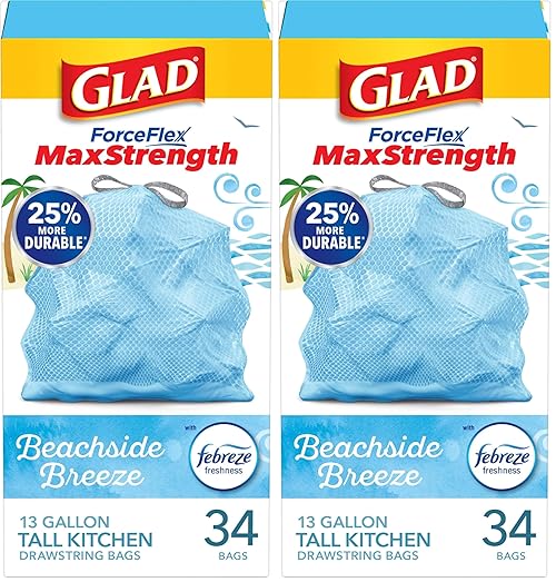 Glad ForceFlex MaxStrength Tall Kitchen Drawstring Trash Bags, 13 Gallon, Beachside Breeze with Febreze Freshness, 34 Count (Pack of 2)