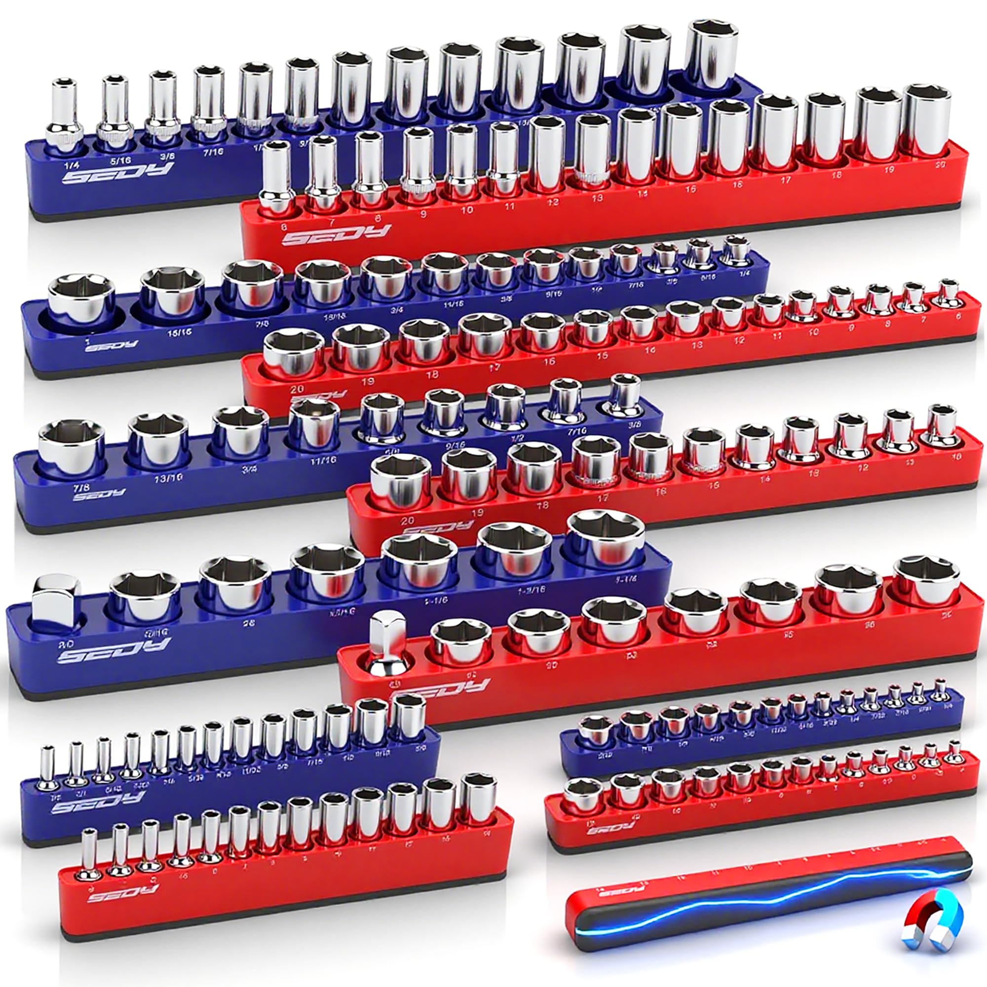 Photo 1 of 12-Piece 1/4" 3/8" 1/2"-Drive SAE & Metric Magnetic Socket Organizer Set (Holds 143 Sockets) -Detachable Tool Tray with 5mm Magnetic Base for Garage/Home(Sockets Not Included)