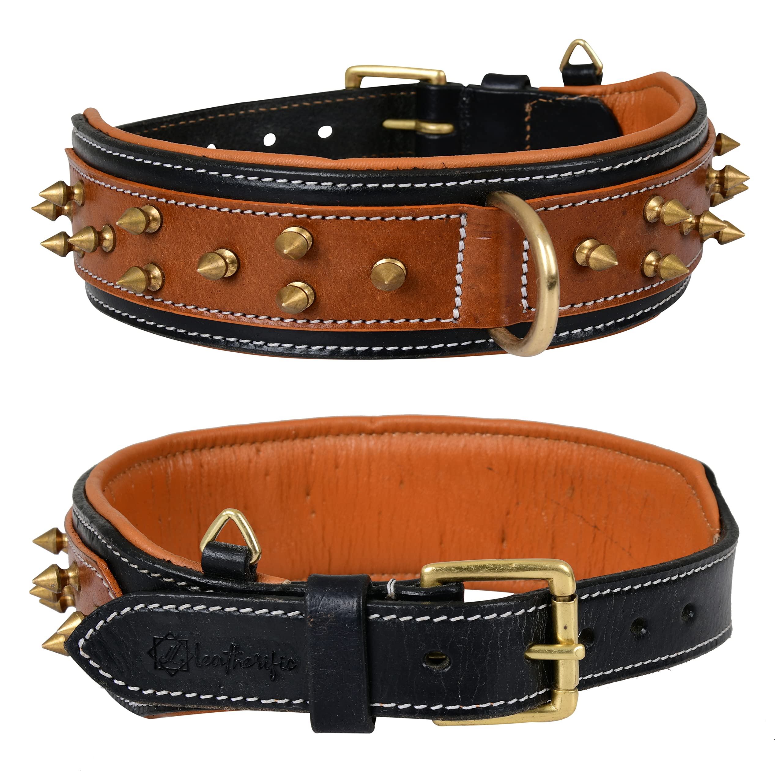 Leatherific Spike Dog Collar | Spiky Series | Premium Genuine Bridle Leather, Heavy Duty, Padded, Strong | for Medium, Large, XL Breeds | Black Brown Color | 2" Wide (Neck Size 14"-18", Walnut)