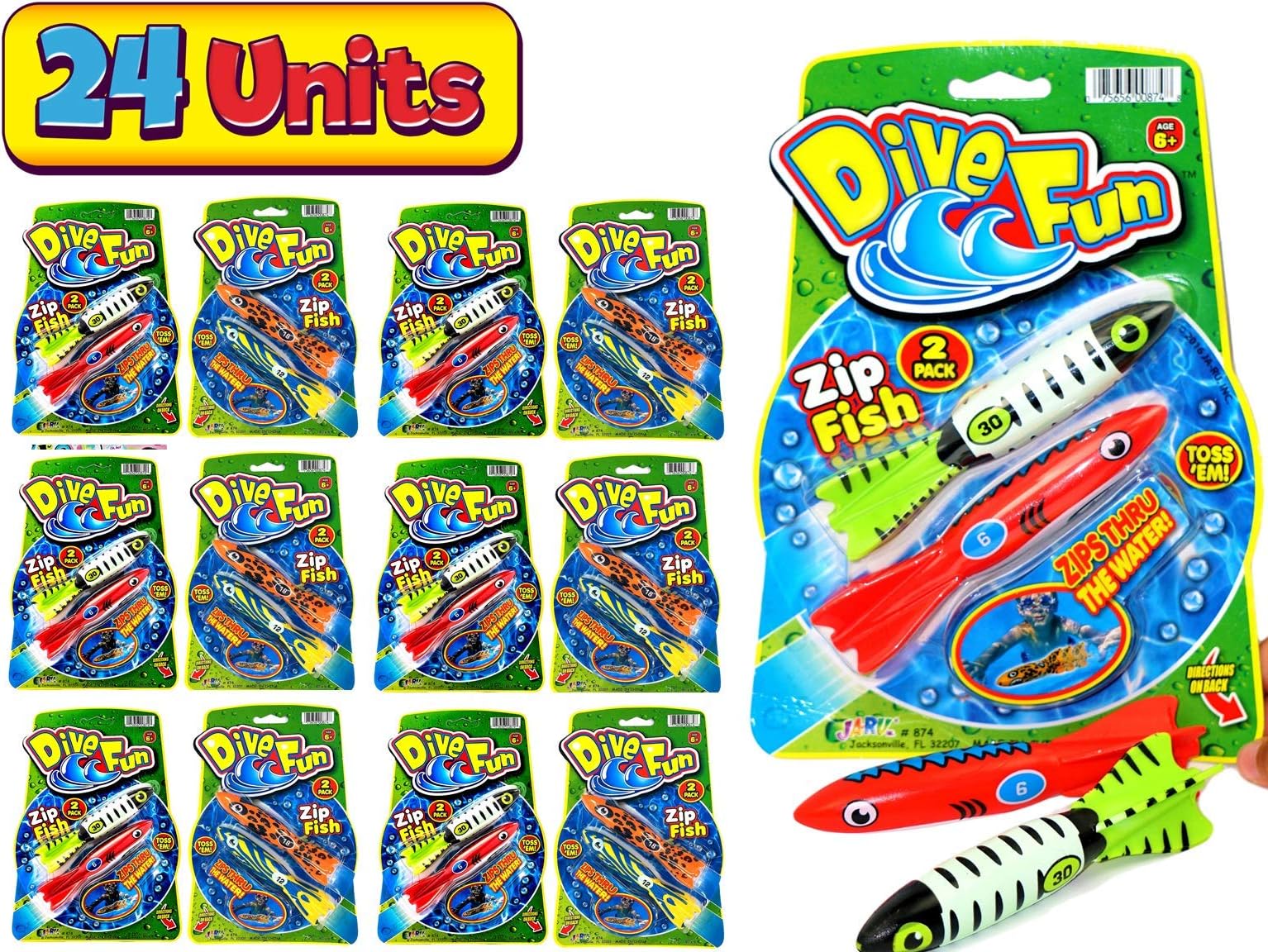 Pool Dive Fun Fish Zip Torpedo Diving Toys - Sinking Torpedo Swim Toy Game (24 Torpedos in 12 Packs). Pool Throw & Find Underwater Dive .| Item #874-12