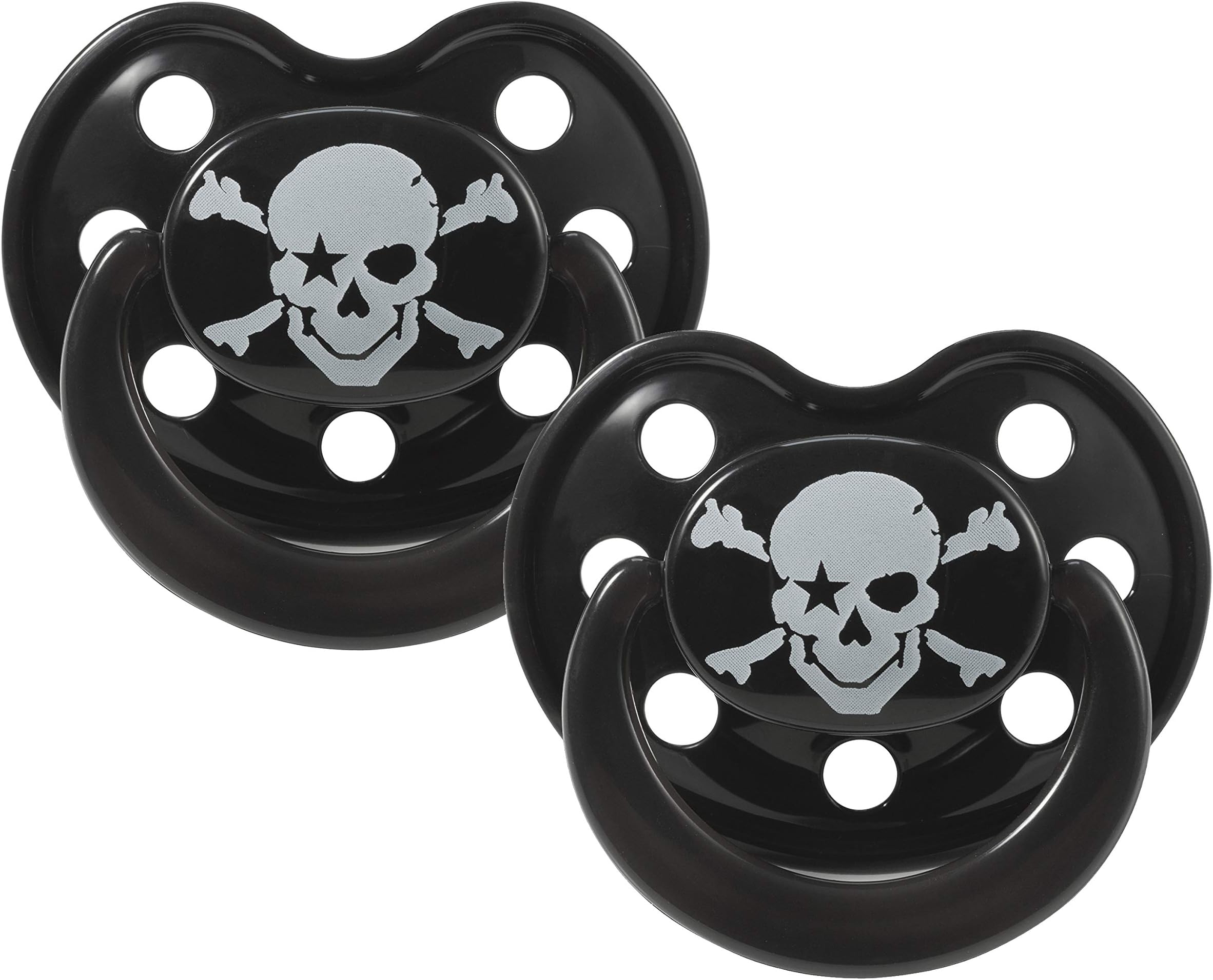 ROCK STAR BABY® by Tico Torres - Silicone Orthodontic Baby Soother - Size 1 for 0-6months - 2 Pack - Dummy with Travel Cover - Pirate, Black
