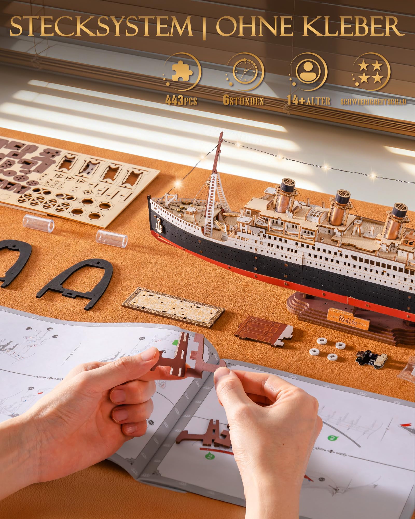 Rolife 3D-Holzpuzzle Titanic Schiffsmodell - 433-teiliges Steckbaustein Bausatz 6 Stunden Montagezeit, Sammler Wohnkultur Deko, Erwachsene, Bastler und Geschichtsinteressierte 5