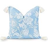 Hofdeco Premium Coastal Hampton Style Patio Indoor Outdoor Throw Pillow Cover Only, 18"x18" Water Resistant for Backyard, Couch, Baby Blue Floral Tassel
