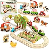 Lehoo Castle Wooden Train Set for Toddlers 2-4 - Wooden Train Track Set for Kids, Farm Animal Train Toys for 3 4 5 6 Year Old Boy Girl Birthday Gifts