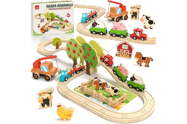Lehoo Castle Wooden Train Set for Toddlers 2-4 - Wooden Train Track Set for Kids, Farm Animal Train Toys for 3 4 5 6 Year Old