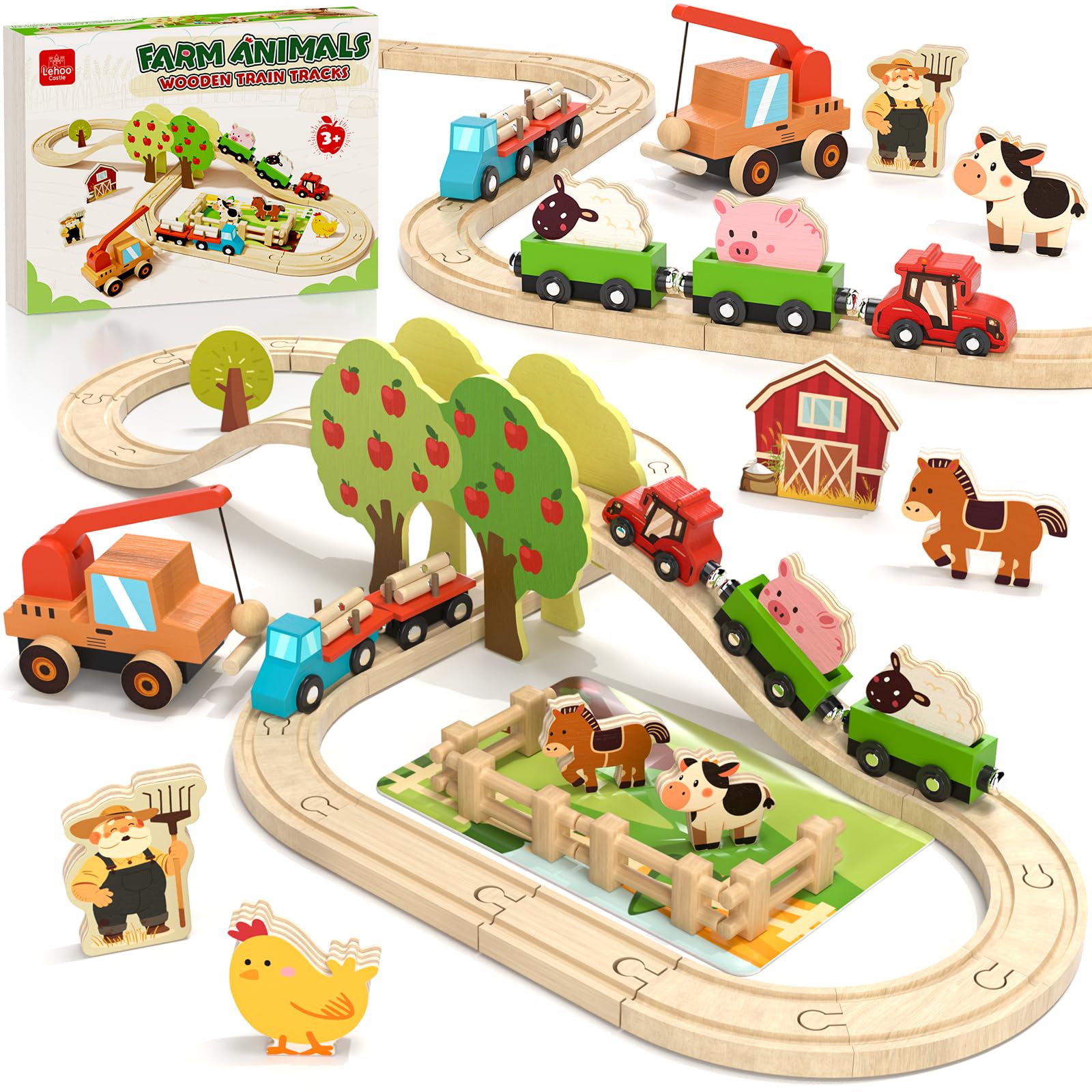 Lehoo Castle Farm Wooden Train Set, Toddler Wooden Toys for 3 4 5 6 Year Old Boys Girls, Kids Animal Train Toys Birthday Gifts for Age 2-5