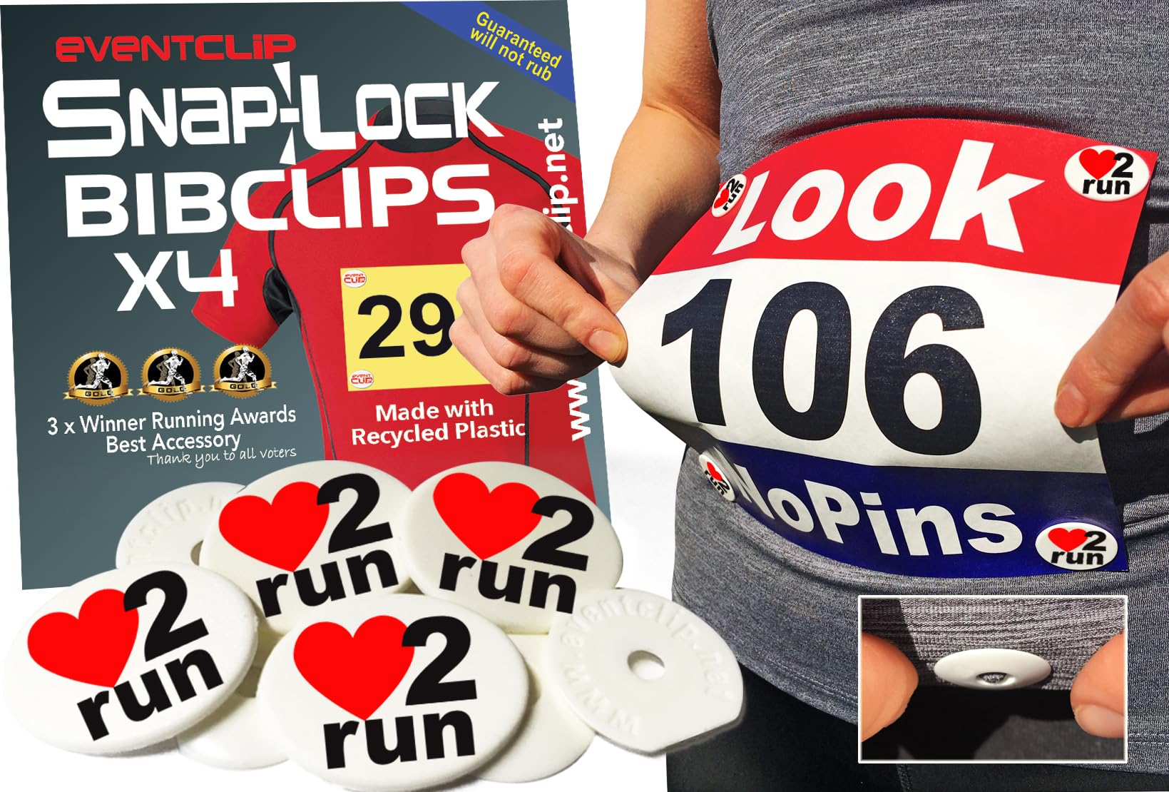 EventClip Race Bib Clips X 4 LOVE 2 RUN. Proven Snap-Lock for Securing Running and Cycling Numbers. Made in the UK with Recycled Plastic Since 2009 Far better than Magnets. Fed up with Safety Pins?