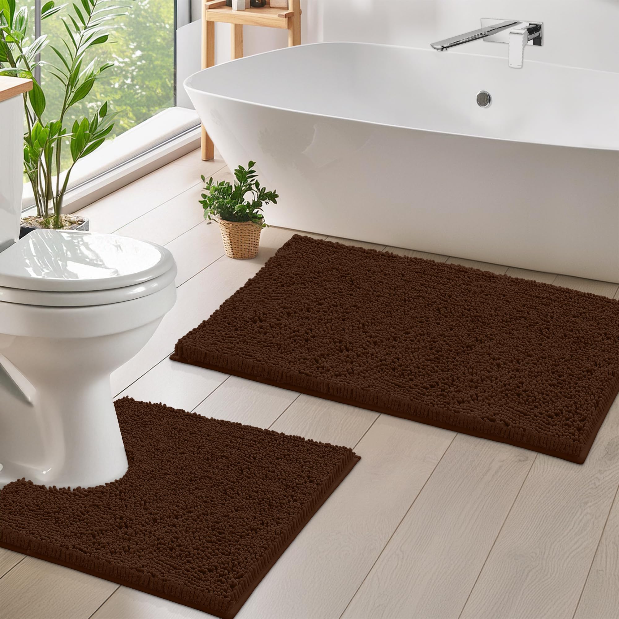 Photo 1 of LuxUrux Bathroom Rugs Sets 2 Piece: Quick Dry, Soft Plush Anti-Slip, Super Absorbent. Includes Rectangular (31x20 inches) & U-Shaped Toilet Mat (20x20 inches) | Brown