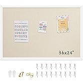 36"x24" White Framed Natural Wood Tone Bulletin Board, Pin Board | Linen corkboard texture. Premium cork boards for walls and pin board office organizer.