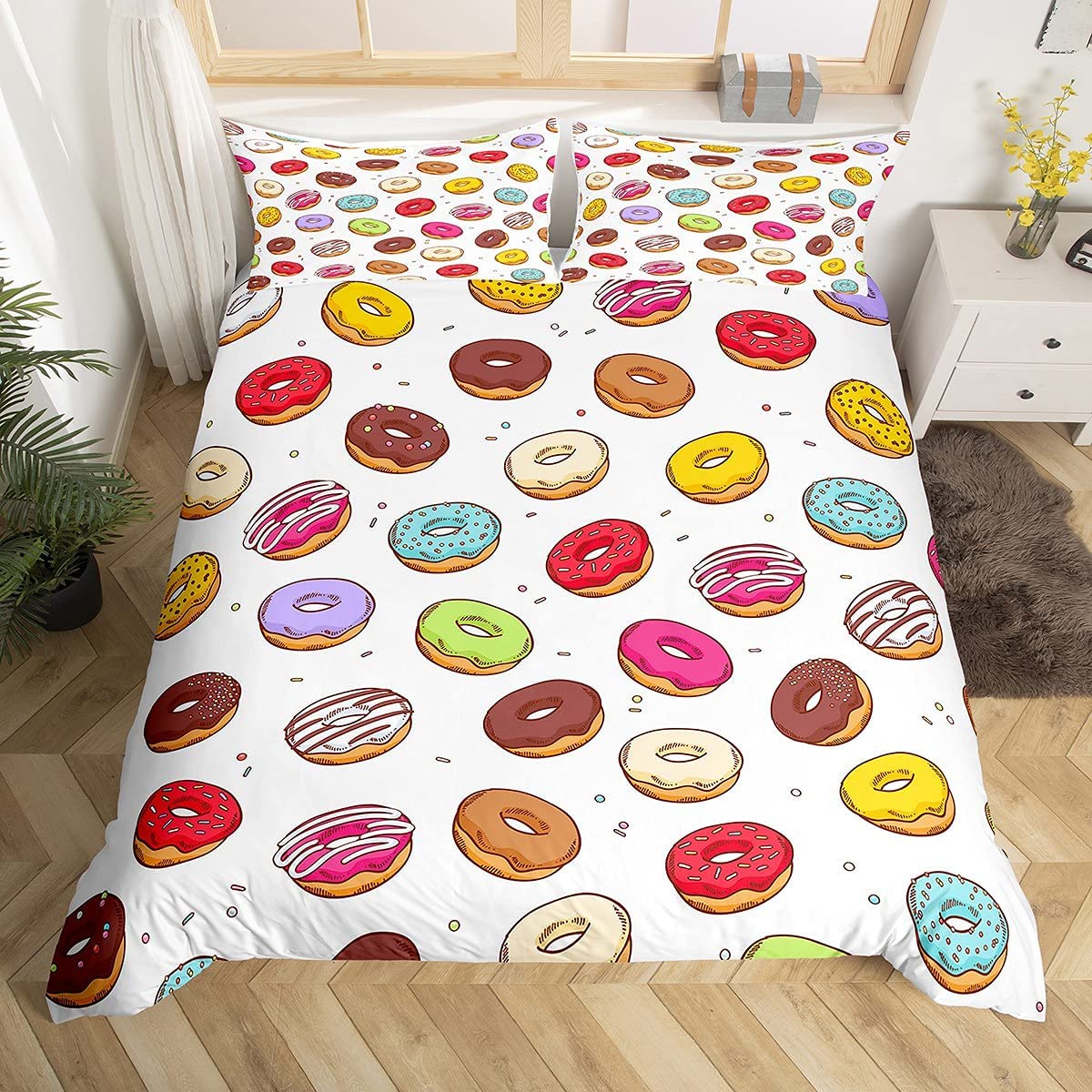 Loussiesd Nursery Bedding Set Single Size for Kids Girls Little Child Teens Donuts Duvet Cover Set,Dessert Theme Comforter Cover Cute Lovely Colorful Foods Funny Doodle,Decor 2 Pcs Soft Microfiber