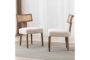 RIVOVA Mid Century Modern Dining Chairs Set of 2 Rattan Kitchen Chairs Linen Fabric Upholstered Side Chairs, Modern Kitchen Armless Solid Wood Dining Chairs, Beige