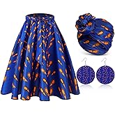 3 Pcs Women Traditional African Dashiki Skirt Costume Bohemian Head Wrap Scarf Drop Dangle Earring (XX-Large)