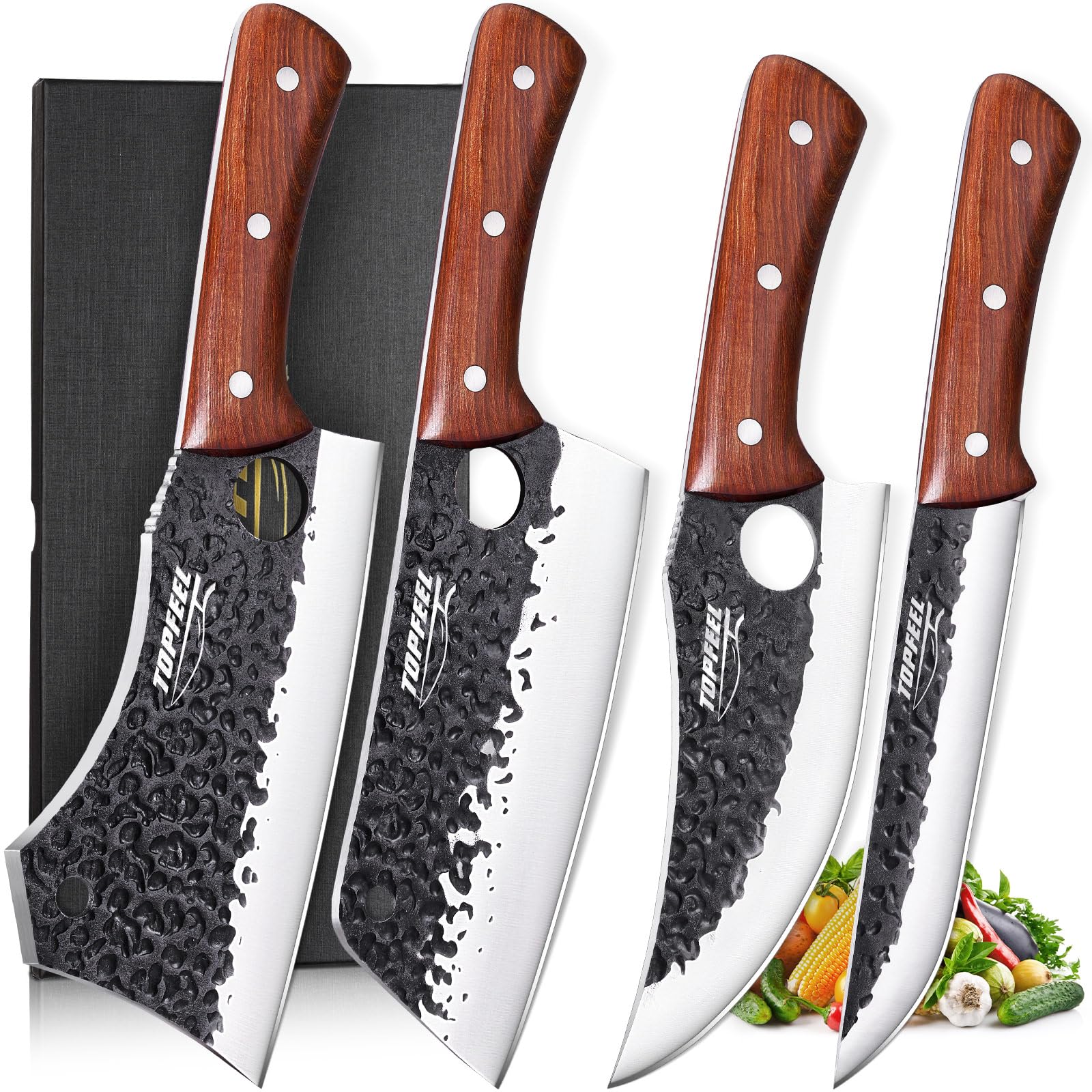 Topfeel 4PCS Meat Cleaver Set -Heavy Duty Bone Chopper & Meat Cleaver & Viking Knife & Slicing Knife, Chef Knives Set for Home Kitchen,Camping, BBQ Knives Gift for Men Image Topfeel 4PCS Meat Cleaver Set -Heavy Duty Bone Chopper & Meat Cleaver & Viking Knife & Slicing Knife, Chef Knives Set for Home Kitchen,Camping, BBQ Knives Gift for Men Image