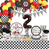245pcs Two Fast Race Car Birthday Decorations - Racing Car Balloons, Banner, Plates, Napkins, Cups, Cake Topper, Tablecloth, for Boys Kids' Two Year Old Birthday Party, Serves 20 Guest