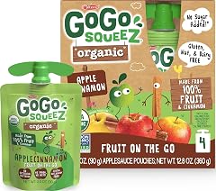 GoGo squeeZ No Sugar Added Organic Apple Cinnamon Applesauce, 4 Count | Kids on the go fruit snack made with apple and cinnam
