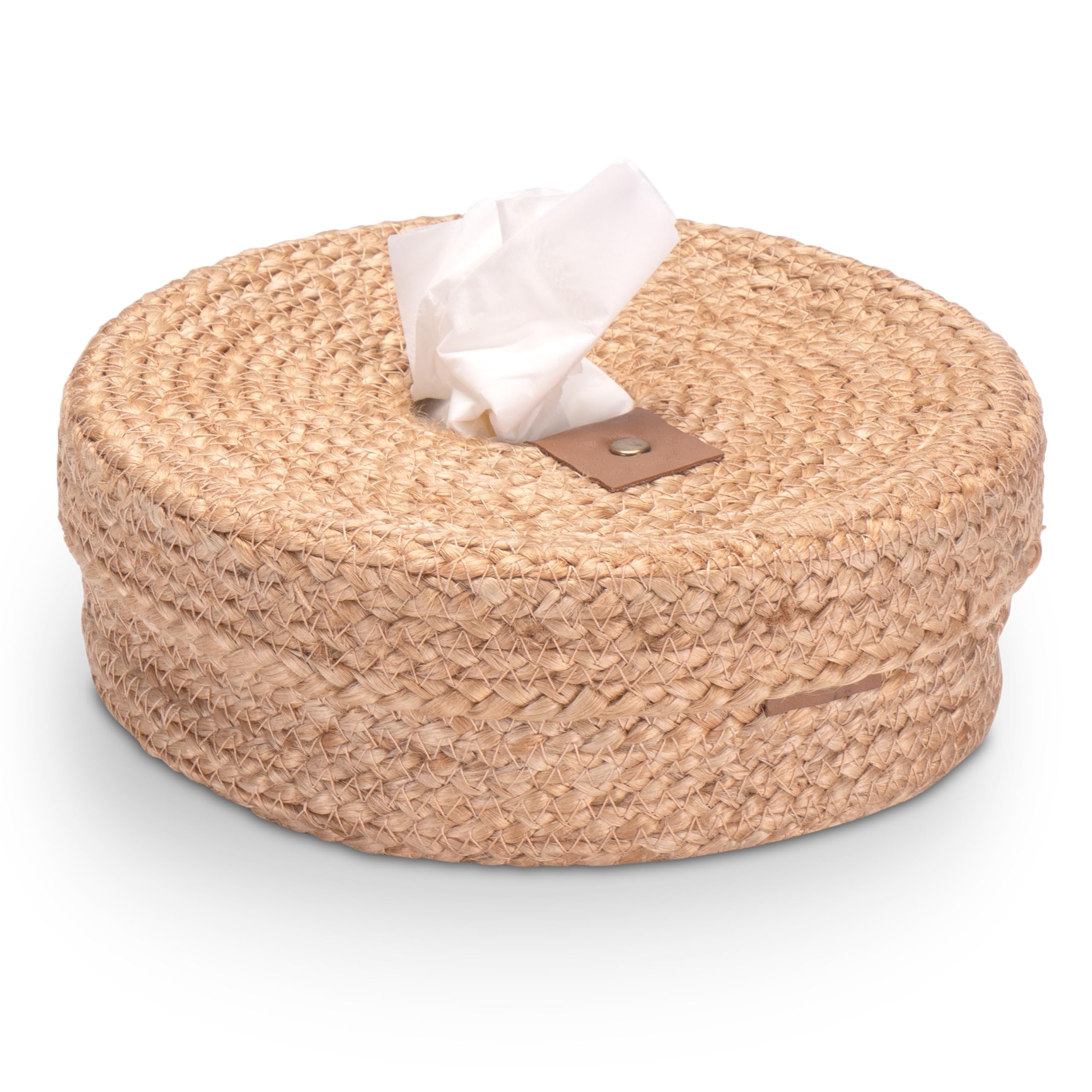 Decorasian Tissue Dispenser for Cosmetic Tissues Box, Braided Jute - Tissue Box with Lid - Cosmetic Tissue Dispenser in Boho Style - Round